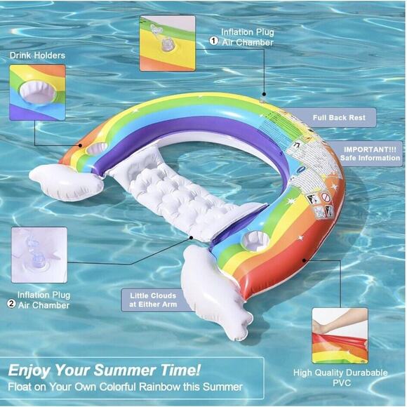 Rainbow Pool Lake Float Chair Lounger Inflatable with Seat & 2 Cup Holders-NEW! - Picture 4 of 5